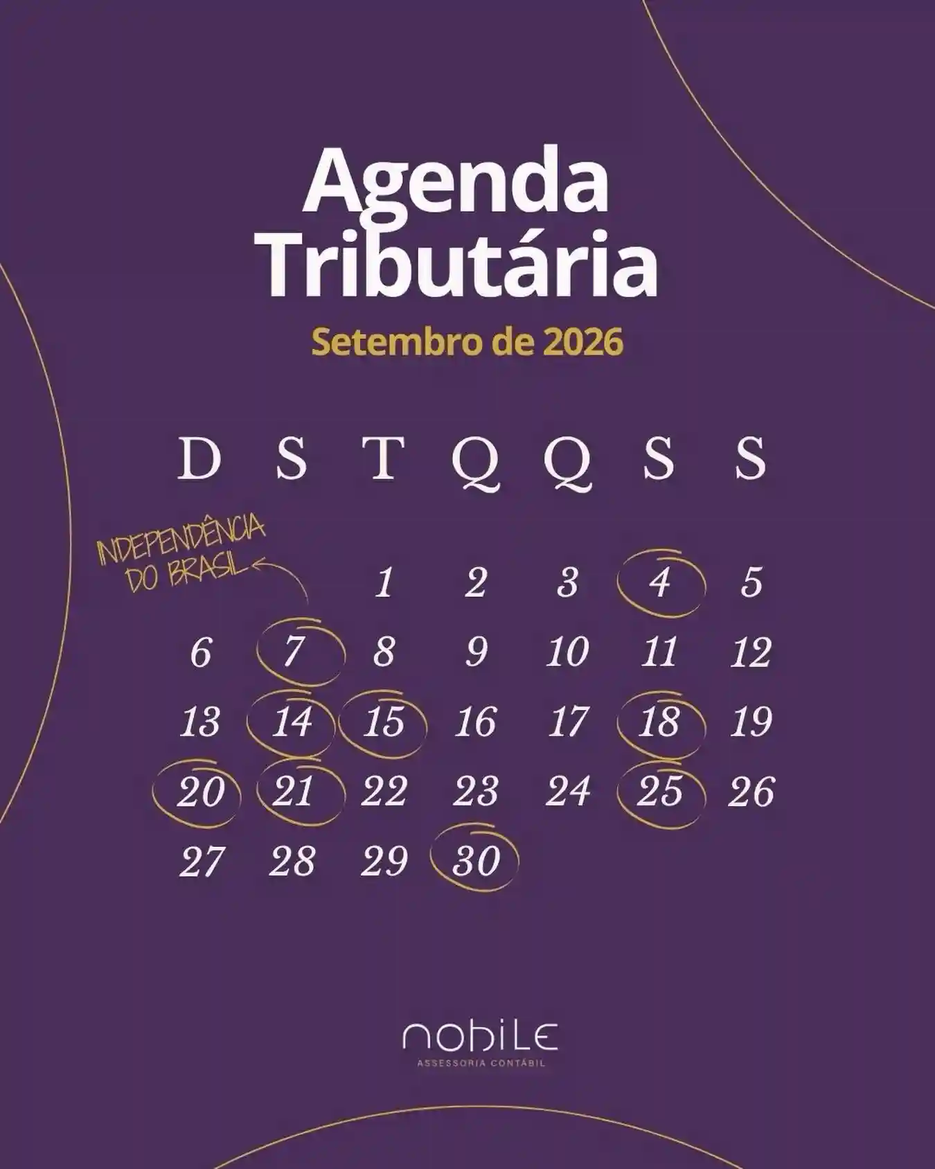Agenda tributária da Nobile para setembro de 2026