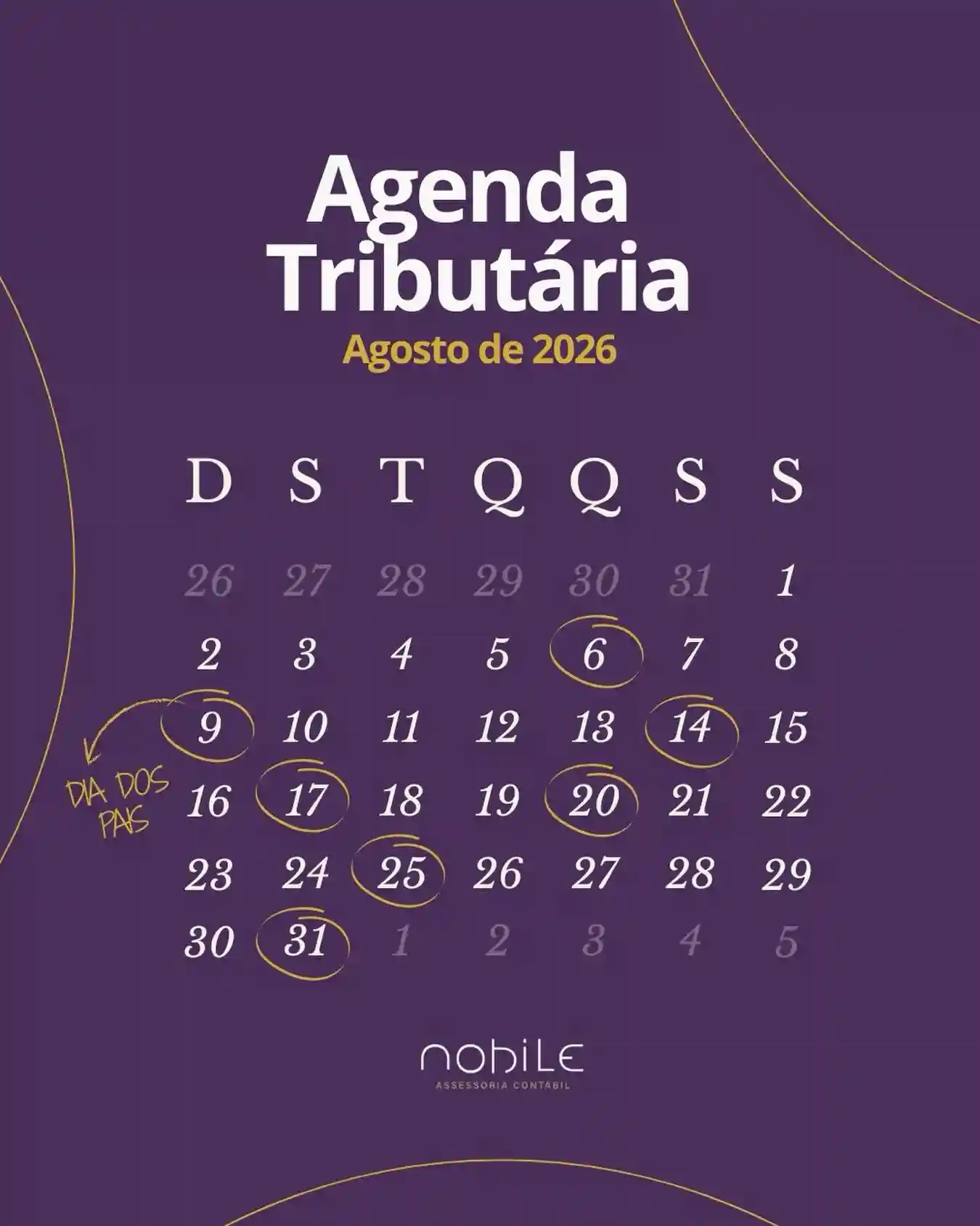 Agenda tributária da Nobile para agosto de 2026